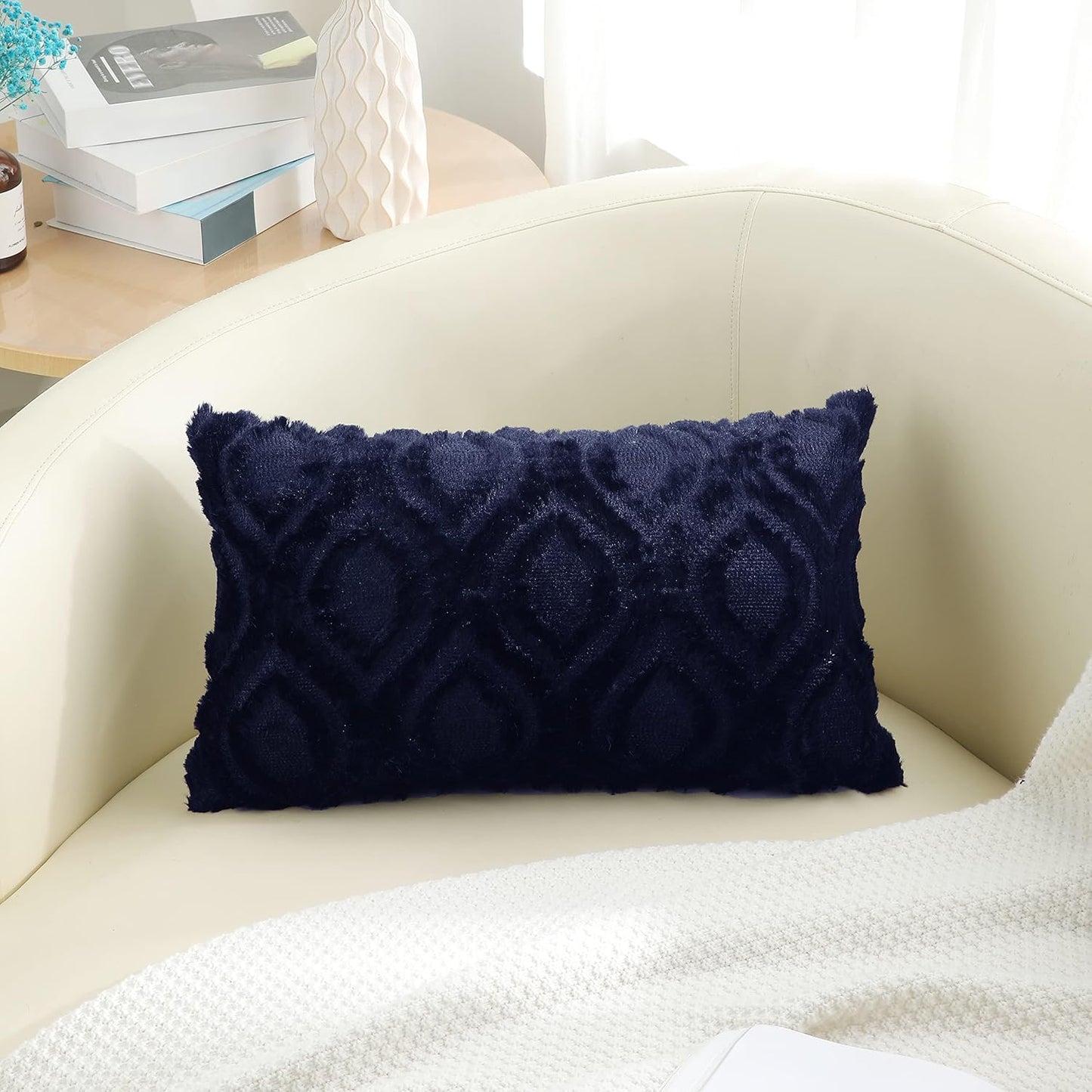decorUhome Fall Throw Pillow Covers 12x20 Inch Set of 2, Soft Plush Decorative Faux Fur Navy Blue Solid Couch Pillow Covers, Accent Farmhouse Neutral Lumbar Euro Pillow Cases for Sofa Bed Living Room