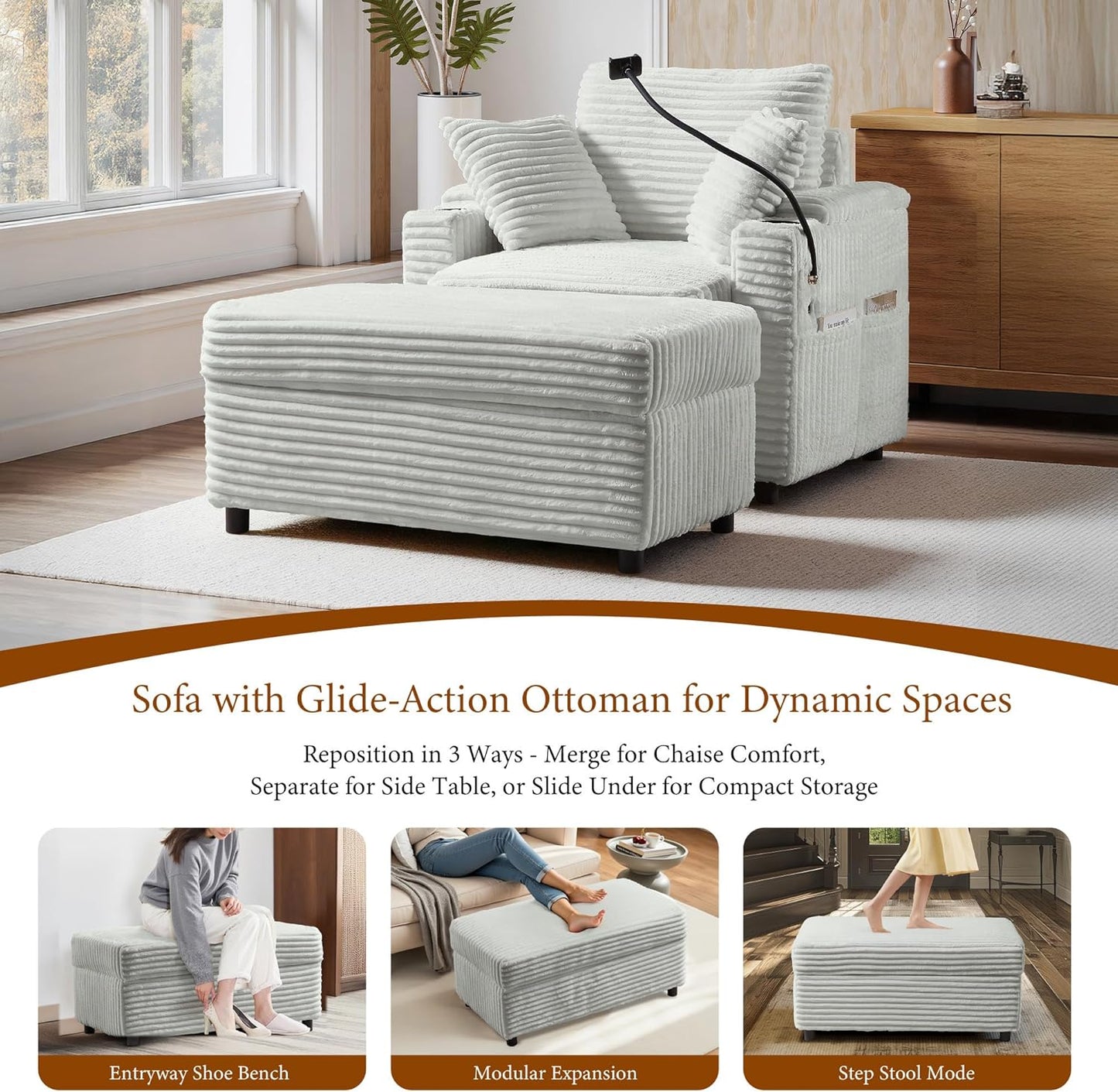 Accent Chair with Storage Ottoman Upholstered Living Room Chairs for Reading Chair with Chaise Lounge Chairs Indoor, Comfortable Armchair for Bedroom