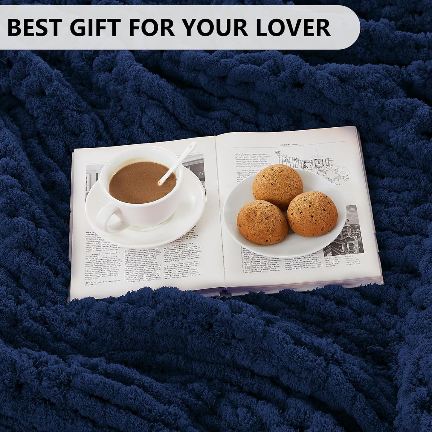 L'AGRATY Chunky Knit Blanket Throw - Soft Throw Blanket 60x80: 100% Hand Kintted Chenile Crochet Throw Blanket for Couch - Large Cable Knit Blanket for Home Decor(Dark Blue)