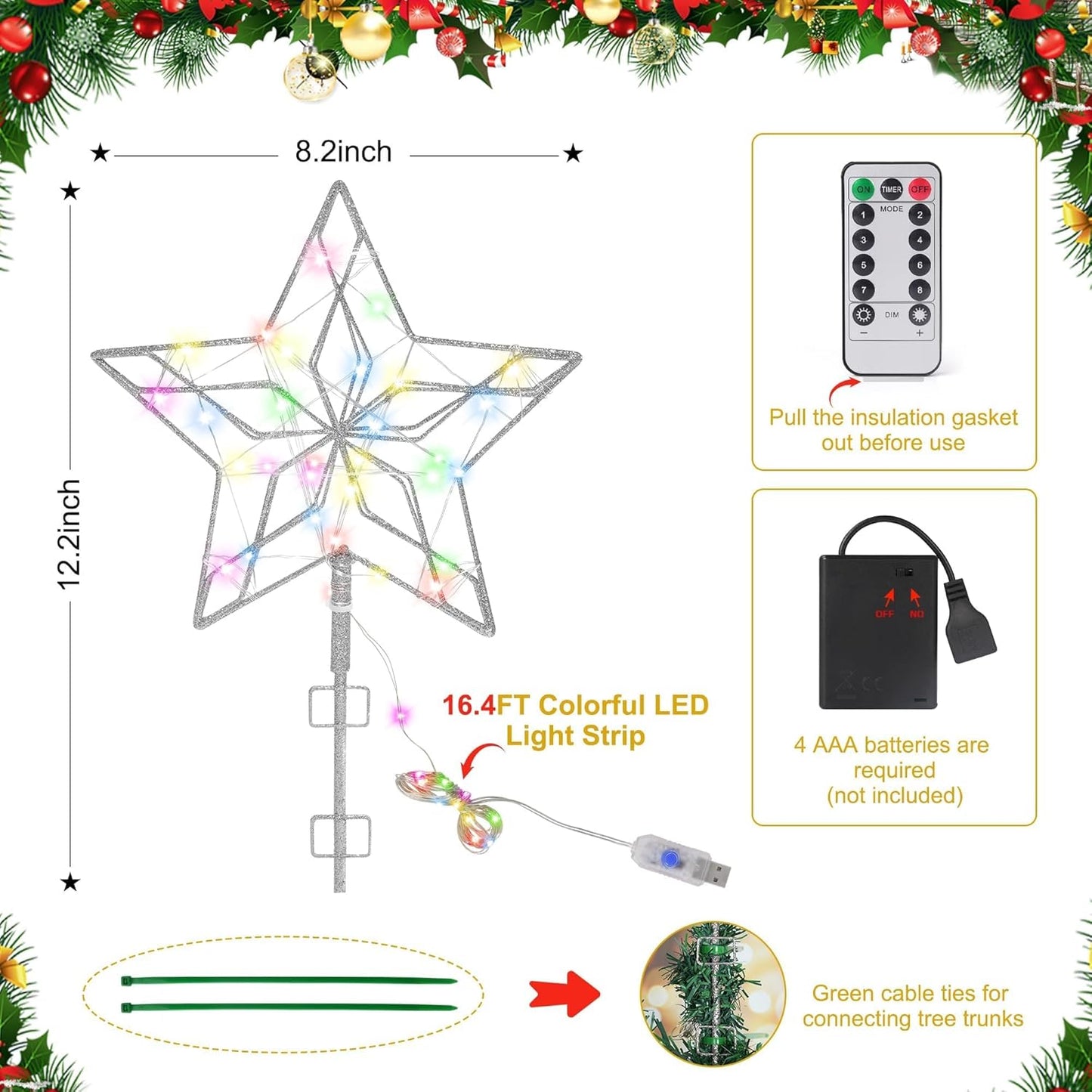Christmas Tree Topper,50 LED Lighted Sparkling Star Tree Toppers Christmas Decorations,8 Lighting Modes Silver Star Xmas Decoration With Remote Control And Extra Battery Box,Glitter Christmas Ornament