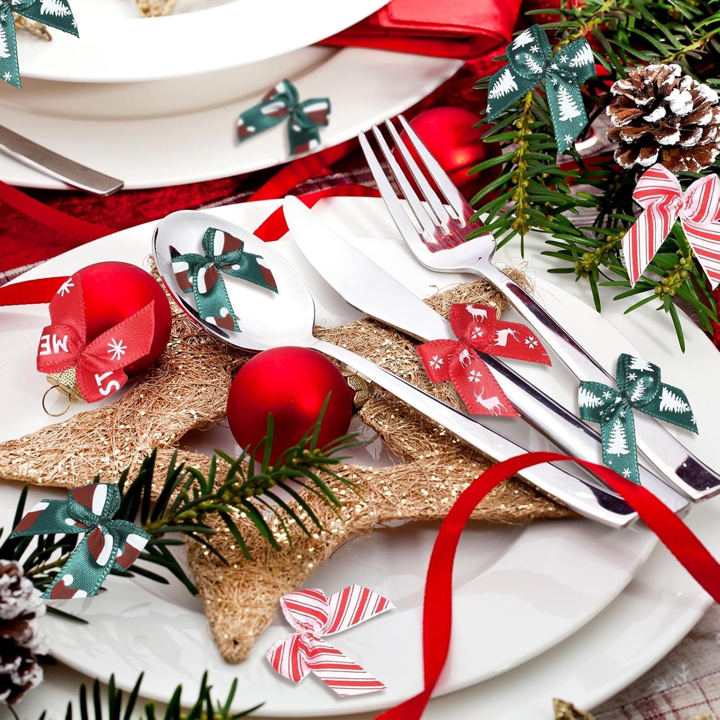 Syhood 150 Pcs Christmas Mini Bow Tiny Twist Tie Bow Handmade Craft Ribbon for DIY Sewing Party Decor(Red and Green,Patterned)