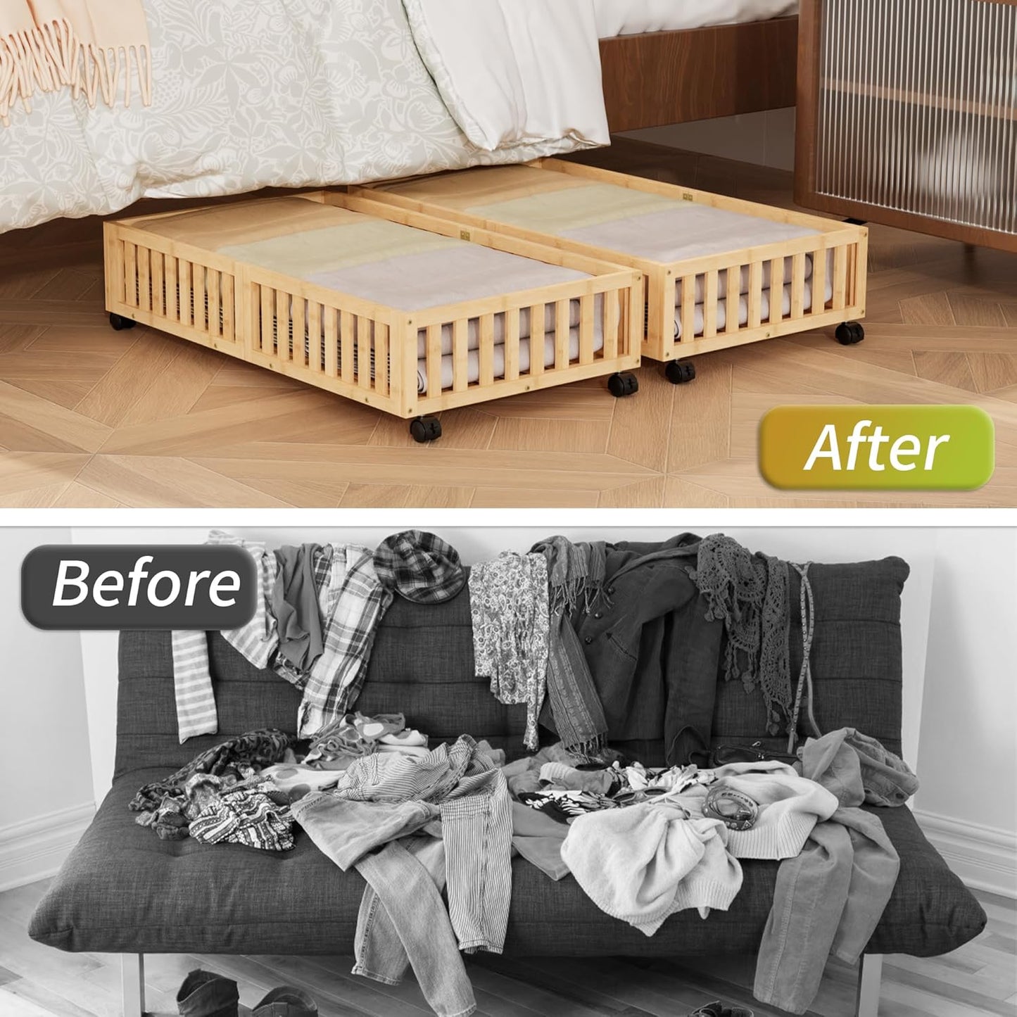 Bamboo Under Bed Storage with Wheels (2-Pack) – Rolling Underbed Shoe Organizer Box for Shoes, Blankets, Toys, Clothes Container Space-Saving Organizer Bins for Bedroom, Closet, Dorm, Nursery