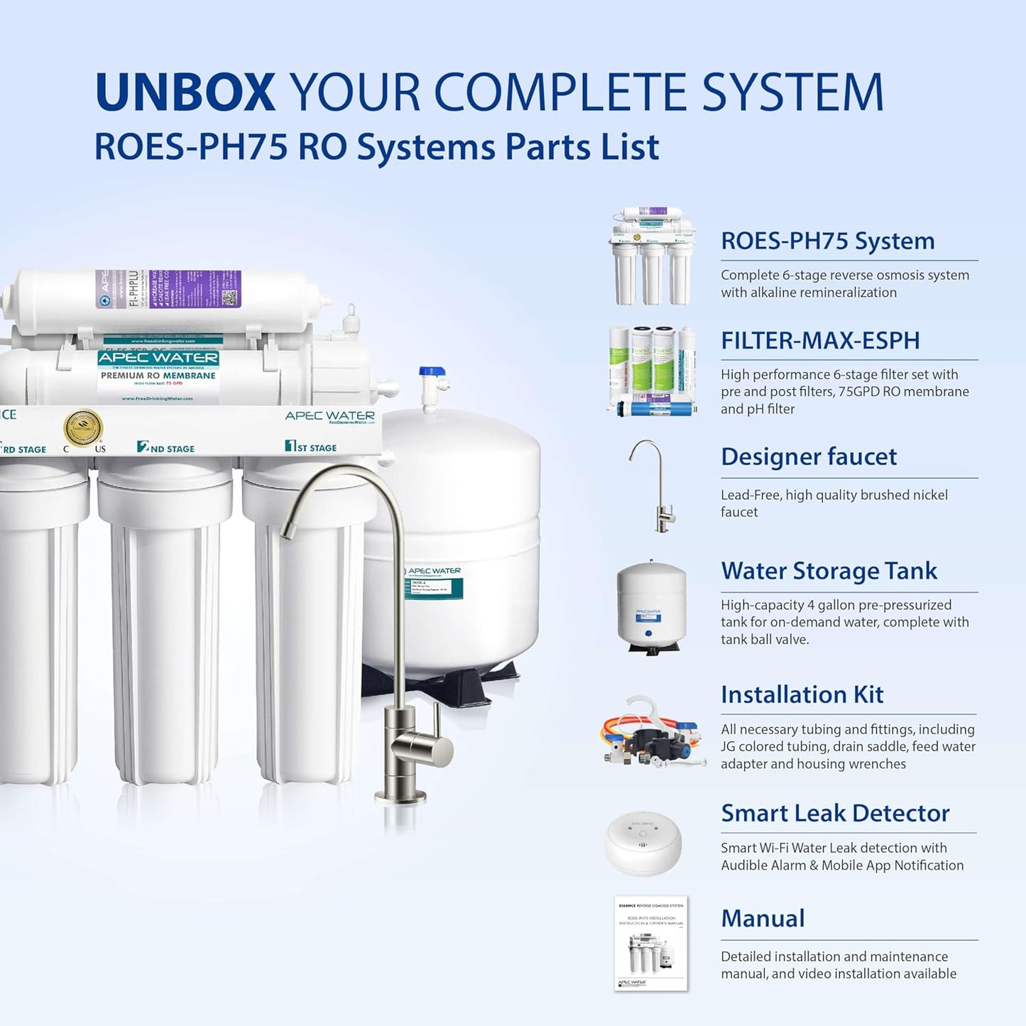 APEC Water Systems ROES-PH75 Essence Series Top Tier Alkaline Mineral pH+ 75 GPD 6-Stage Certified Ultra Safe Reverse Osmosis Drinking Water Filter System with WiFi Smart Water Leak Detector and App