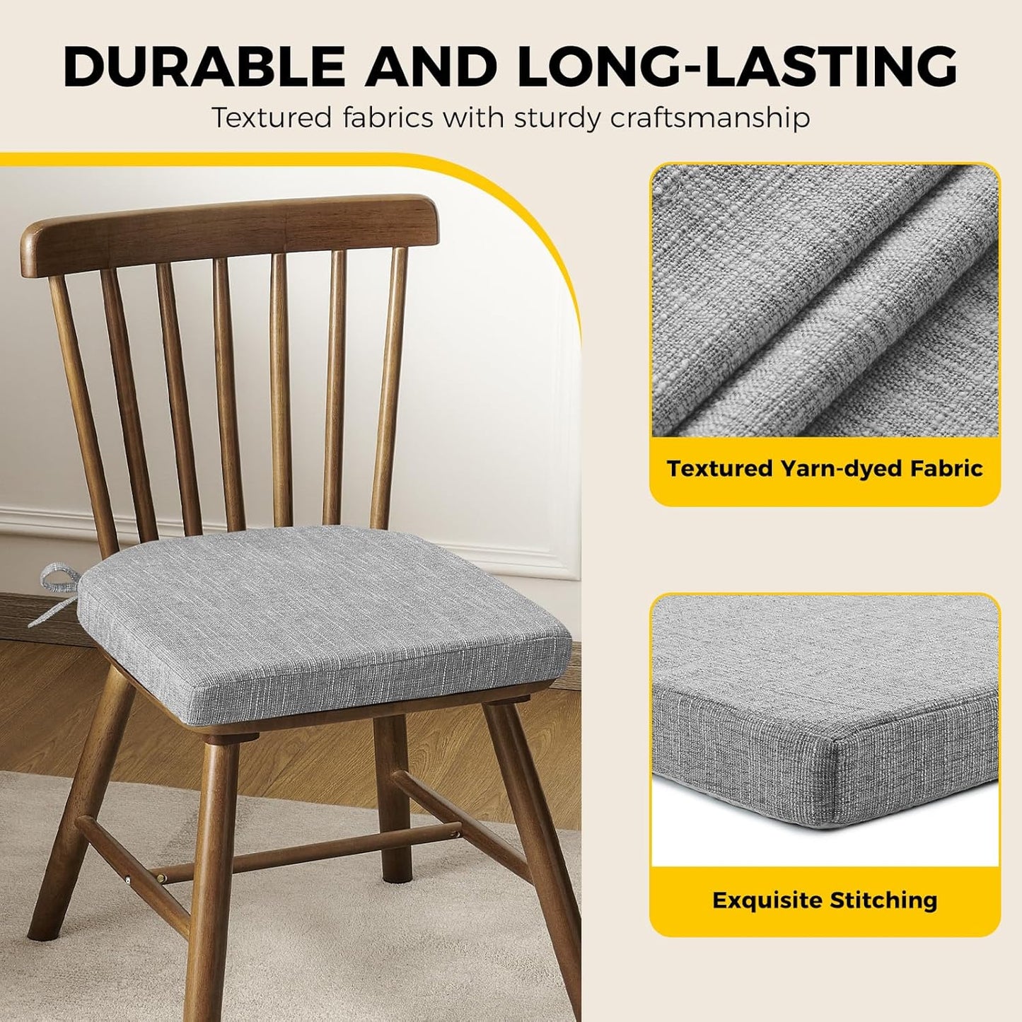 downluxe Indoor Chair Cushions for Dining Chairs, Soft and Comfortable Textured Foam Kitchen Chair Pads with Ties and Non-Slip Backing, 16" x 16" x 2", Light Grey, 4 Pack