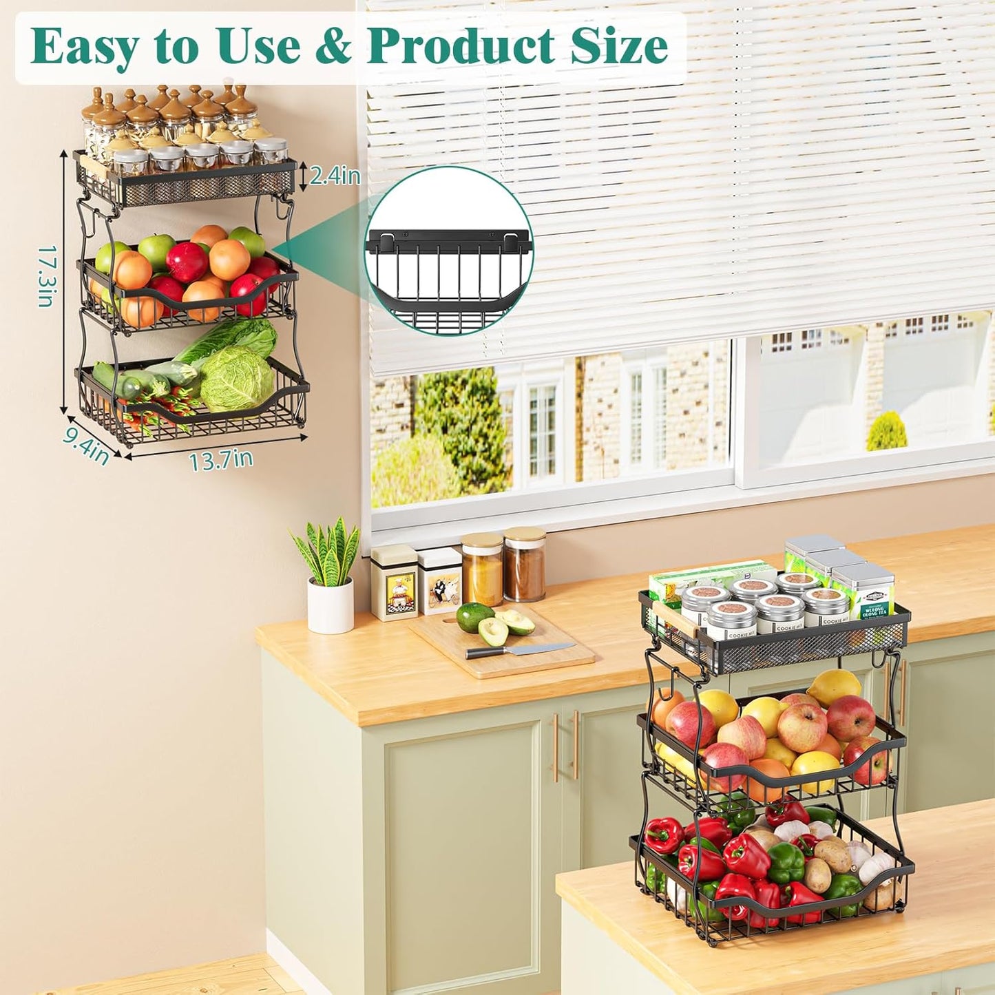 Giwil 3 Tier Countertop Fruit Mesh Basket for Kitchen, Vegetable Storage Bread Fruit Bowl Stand with 2 Banana Hooks, Wall Mounted Metal Wire Basket Organizer for Potato Onion, Black