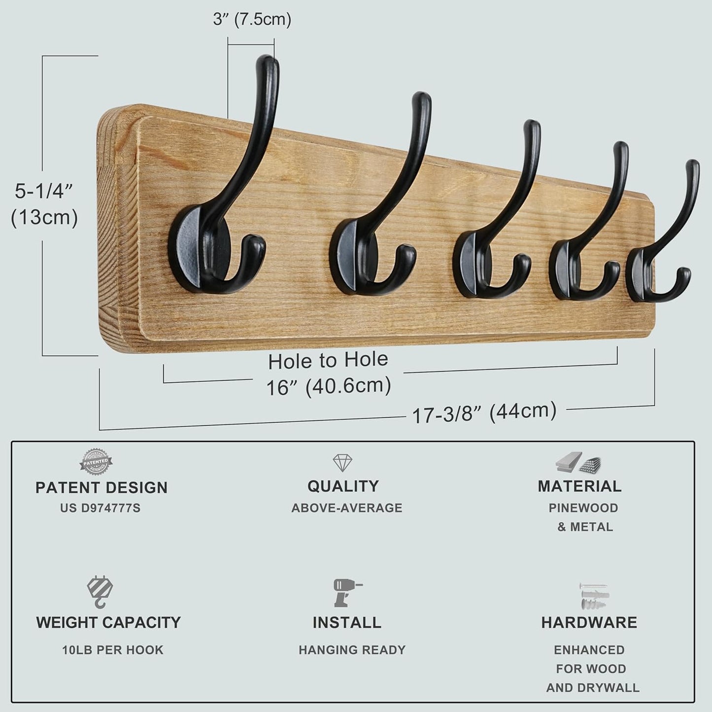 Dseap Coat Rack Wall: Patented, Heavy-Duty, 17.4" Long 5-Double-Hooks Wooden Wall Mounted Coat Rack Coat Hanger Hook Rail for Winter Coats Hat Jacket Clothing, Weathered Brown