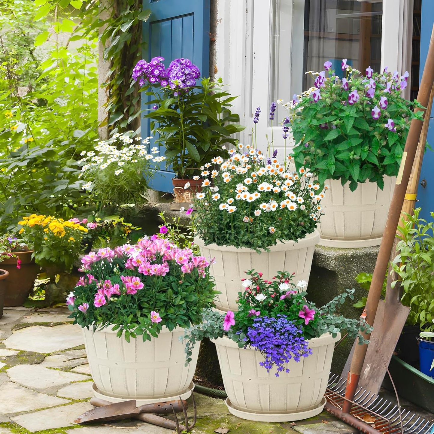 Quarut Plant Planters Pots Set of 4 Pack 16 Inch,Large Plastic Flower Pot for Indoor Plants with Drainage Holes & Trays, Whiskey Barrel Planters with Saucer for House Outdoor Garden Plant(White)