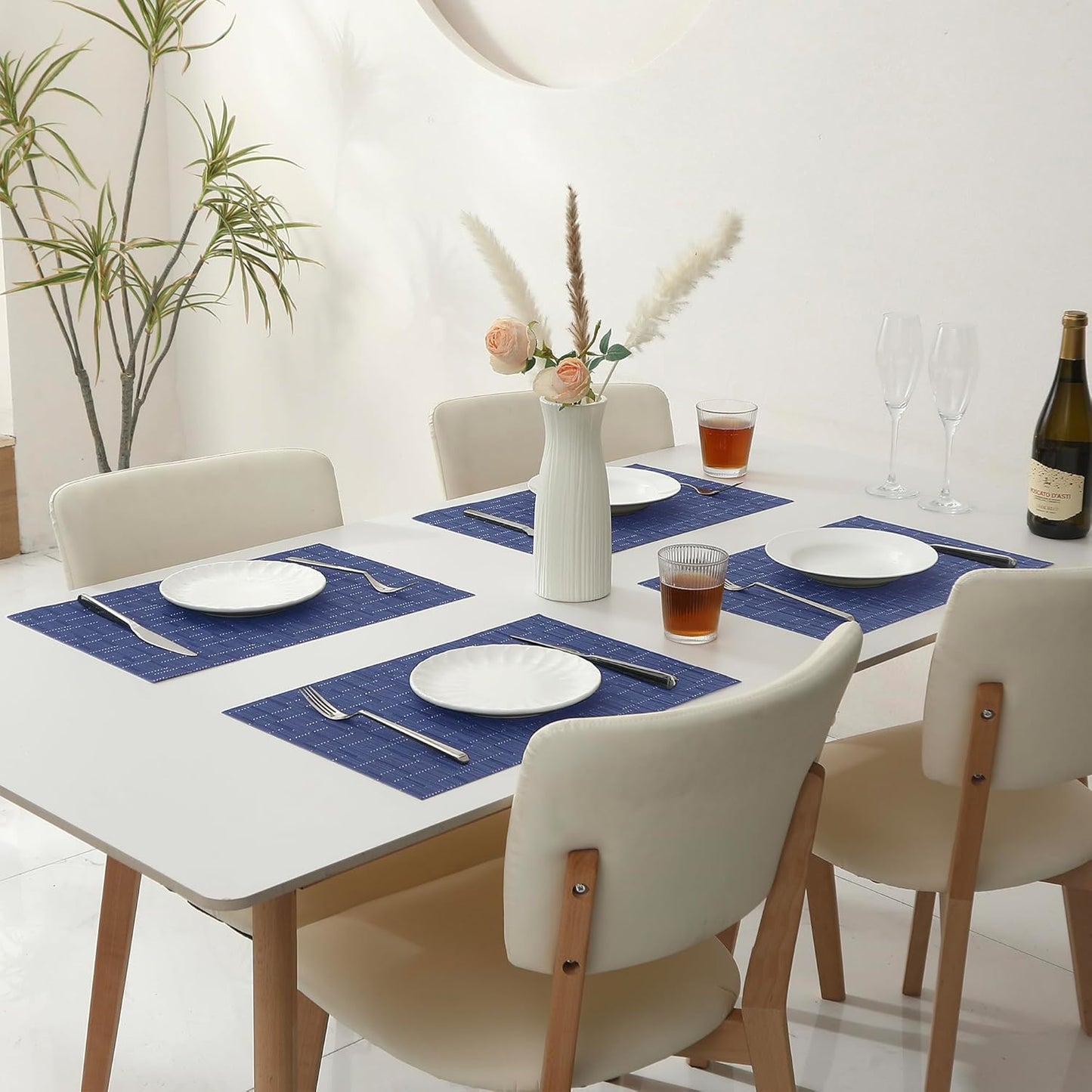 Leetaltree Blue Placemats Set of 4 - Heat Resistant Non-Slip Place mats for Dining Table, Washable Durable PVC Vinyl Woven Table Mats(Blue, 4)
