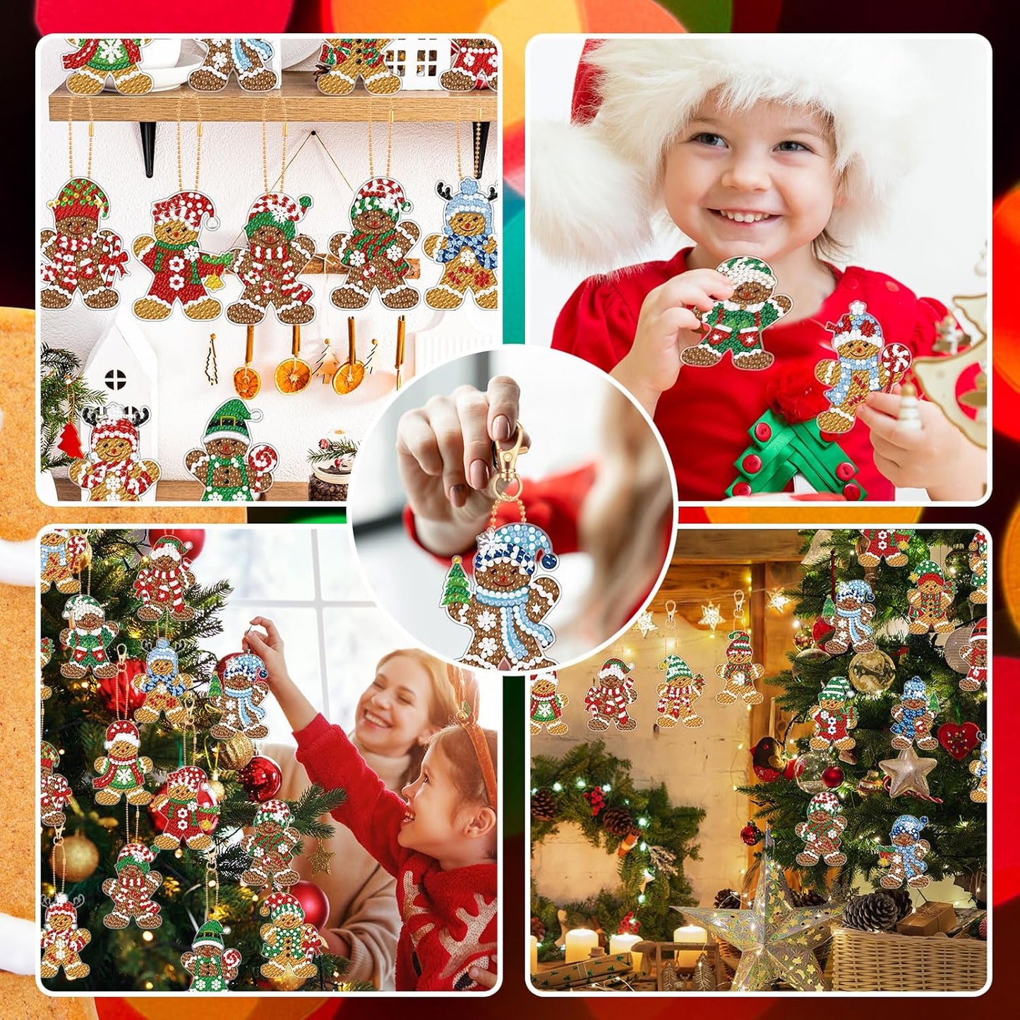 Tondiamo 20 Pcs Christmas Diamond Painting Keychain Kits 5D DIY Diamond Art Pendants Double Sided Hanging Key Chains for Christmas Party Decoration DIY(Gingerbread Man Style)