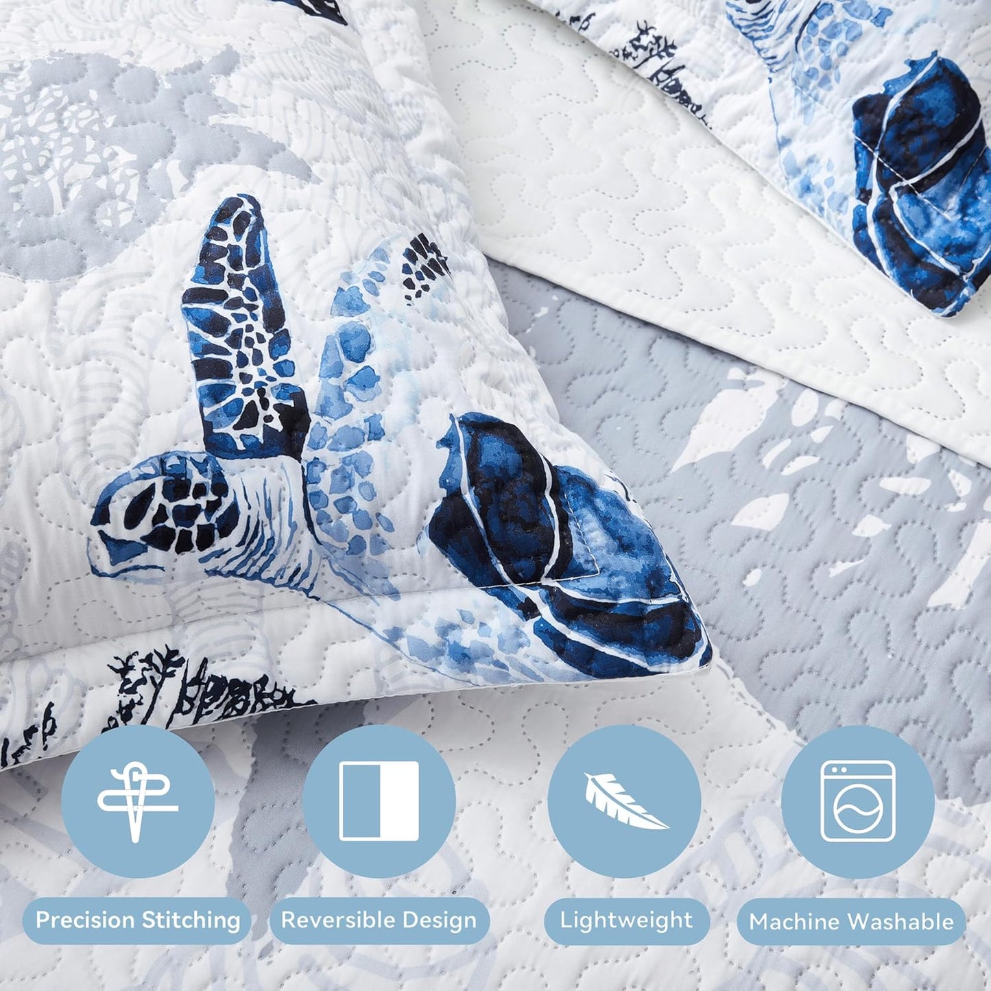 Coastal Bedding King Size Coastal Quilt with 2 Shams, Nautical Beach Comforter Sets Ocean Bedspreads Blue Seaturtle Coverlet Summer Bedding, 96''x106''