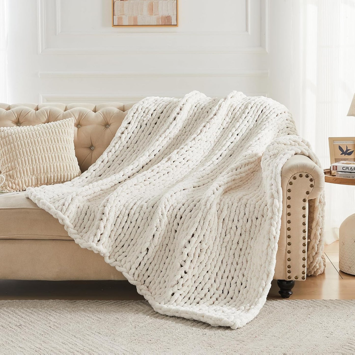 Carriediosa Chunky Knit Throw Blanket 60" X 80" Twin, 100% Hand Made Large Chenille Loop Yarn Soft Fluffy Throws for Couch Sofa Bed, Big Crochet Cozy Heavy Thick Cable Woven Blankets, Cream White