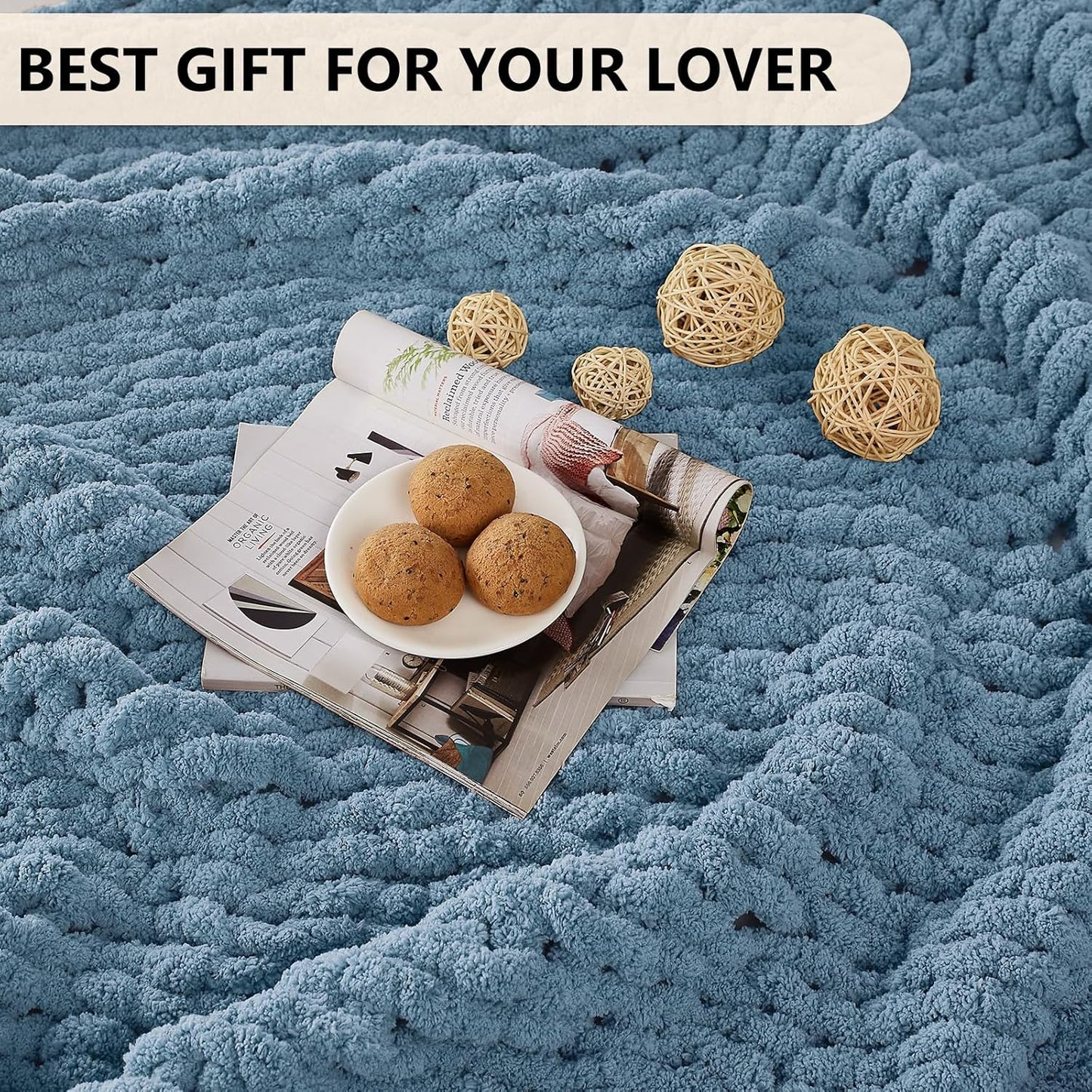 L'AGRATY Chunky Knit Blanket Throw: 60''x80'' Chenille Chunky Knitted Throw Blanket for Bed Couch - Handmade Thick Big Cable Knit Blanket - Large Crochet Rope Blanket for Home Decor(Airy Blue)