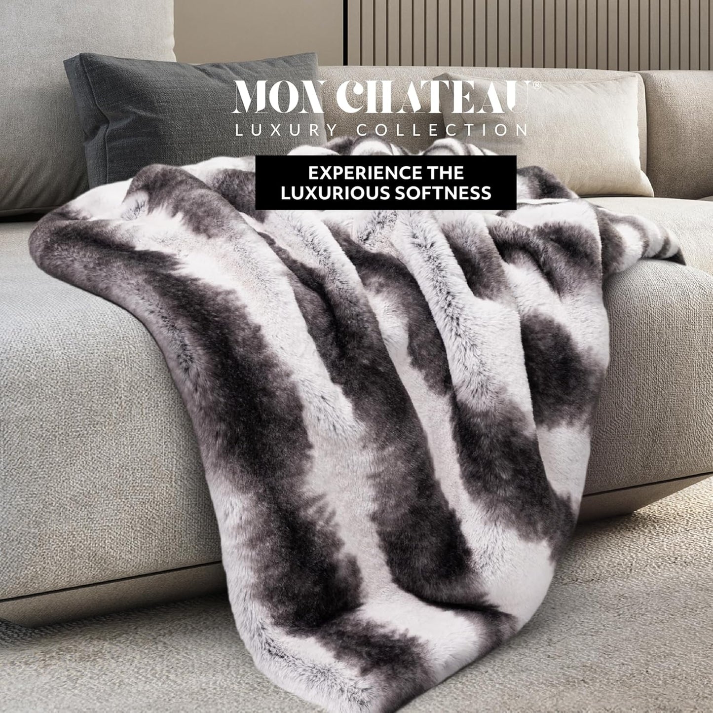 Mon Chateau Luxury Printed Faux Fur Throw with 6cm Foldover for Couch, Sofa, or Bed - Plush Ultra Soft Blanket for Sleeping or Home Décor, 60" x 70" (Striped)
