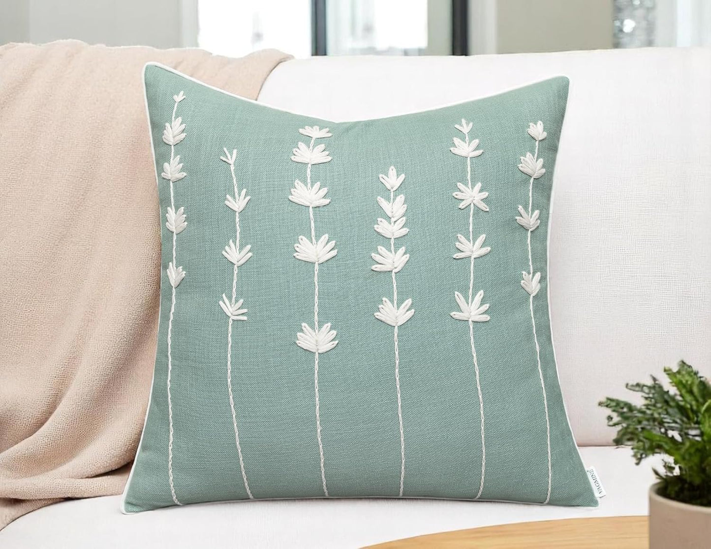 VAGMINE Hand Embroidered Daisy Accent Throw Pillow Cover - 20x20 Inches Square - 100% Cotton Light Teal Decorative Cushion Cover for Couch, Sofa, Bed - Textured Embroidery - Elegant Floral Home Décor