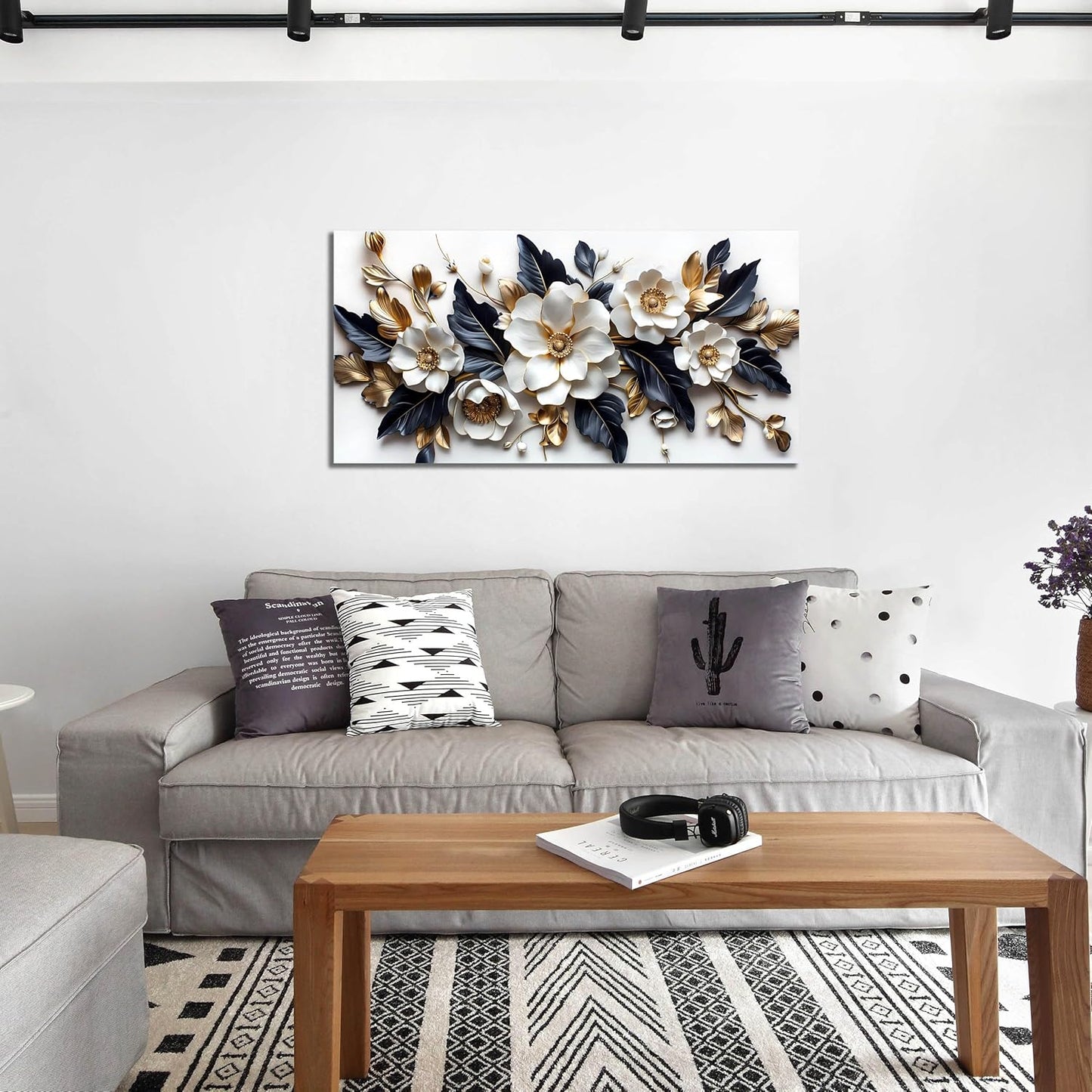 HUBOSKN Flower Pictures Wall Decor for Living Room - Blue White and Gold Wall Art for Bedroom - Modern Wall Decor for Bedroom Women Size 20" x 40"