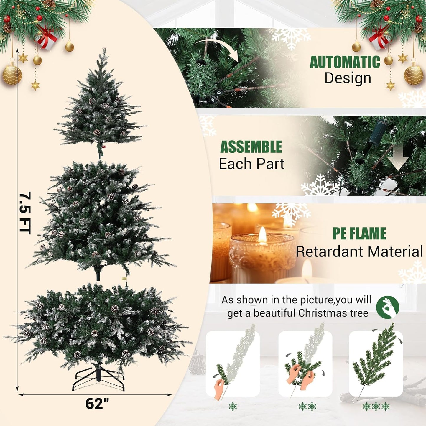 7.5 FT Snow Flocked Christmas Tree with 450 Warm Lights-8 Modes, Prelit Christmas Trees with Pine Cone & Gloves, Metal Folding Stand, Full Artificial Xmars Tree for Home Decor, Norway Spruce, Green