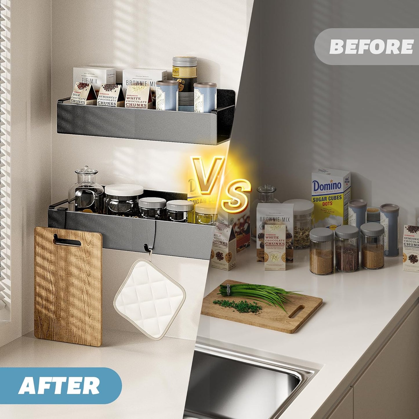 6 Pack Magnetic Spice Rack for Refrigerator, Black Magnetic Shelf for Kitchen Organizer and Storage, Mini Organizers for Oven and Fridge with 6 Hooks