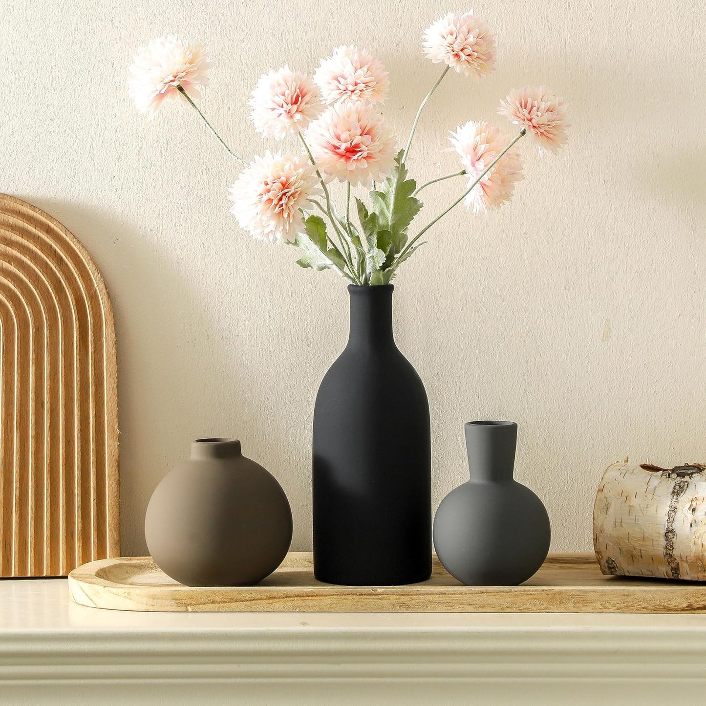 Ceramic Vase Set of 3 | Neutral Vases Home Decor | Modern Flower Pottery Vases Rustic Farmhouse Vase for Table Entryway Mantel Centerpiece Bookshelf Living Room Bathroom Bedroom -Multicolor Large