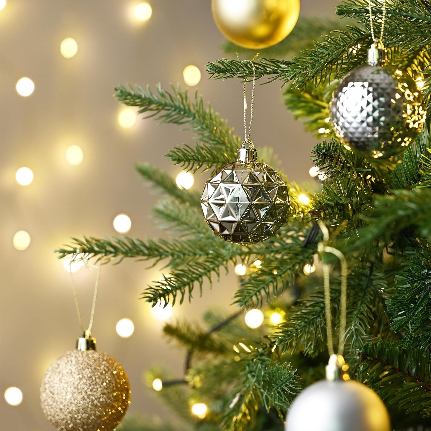 Valery Madelyn Christmas Tree Decorations Ornament Set for Fall Halloween, 50ct 2 Inches White and Gold Shatterproof Christmas Ball Ornaments Hanging Xmas Holiday Party Decor