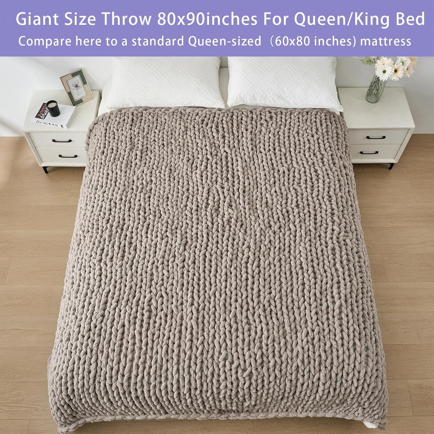 Bigacogo Chunky Knit Throw Blanket for Couch, 80x90 inches, 100% Hand Knitted with Thick Jumbo Chenille Yarn, Cozy Soft Large Rope Knot Cable Crochet Blankets for Sofa Bed Living Room, Taupe