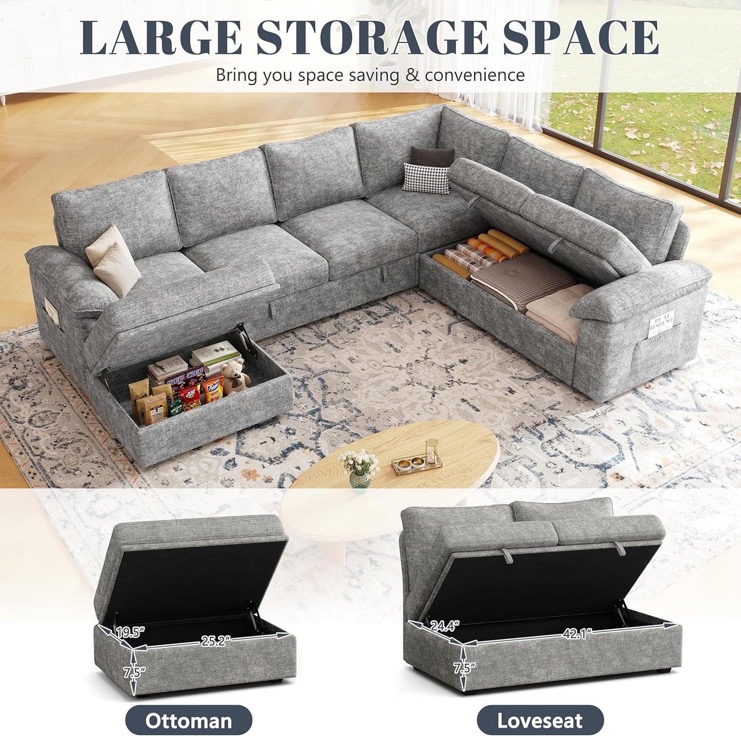 108 Inch Modular Sectional Sofa with Pull Out Bed,U Shaped 7 Seat Sectional Sleeper Sofa with Storage,Sectional Couches for Living Room,Cloud Modular Couch,Removable Sofa Cover,Light Gray