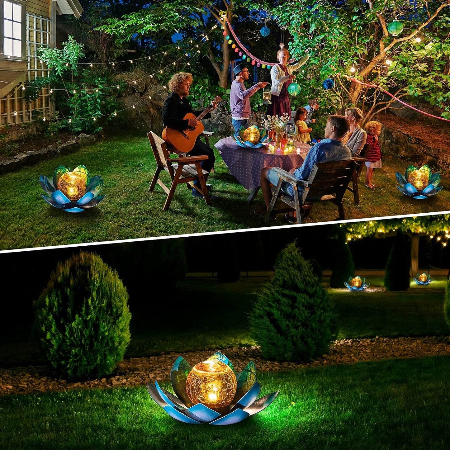 Solar Light Outdoor(2Pack), Art Crackle Globe Glass Lotus Decoration, Solar LED Waterproof Blue Metal Flower Lights for Patio,Lawn,Walkway,Tabletop