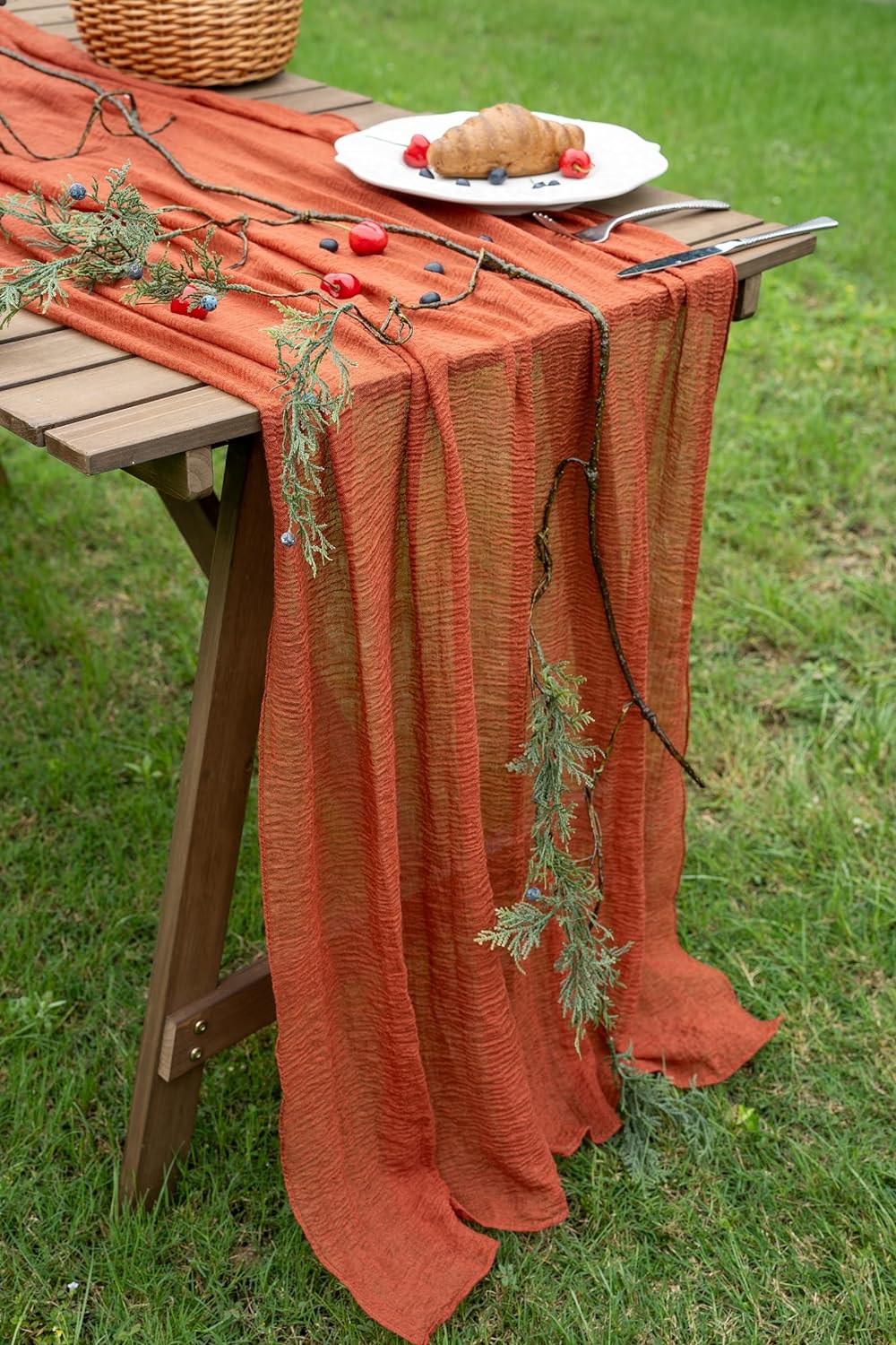 Keketo Fall Table Runner Terracotta Rust Gauze 120 Inch 10 FT Rustic Burnt Orange Cheese Cloth for Wedding Baby Bridal Shower Party Centerpiece Sheer Thanksgiving Fall Decorations for Home