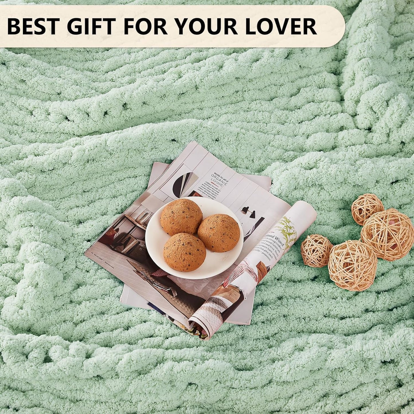 L'AGRATY Chunky Knit Blanket Throw: 60''x80'' Chenille Chunky Knitted Throw Blanket for Bed Couch - Handmade Thick Big Cable Knit Blanket - Large Crochet Rope Blanket for Home Decor(Milky Green)