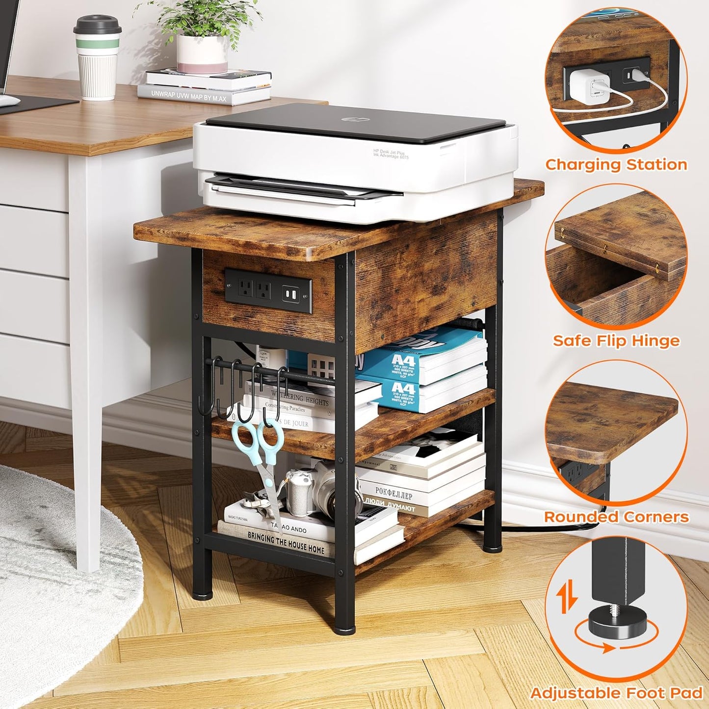 End Table with Charging Station, Flip Top Nightstand with USB Ports and Outlets, Couch Side Table with Fabric Bag and Hooks, Bedside Table for Space Saving, Living Room, Bedroom (Rustic Brown)