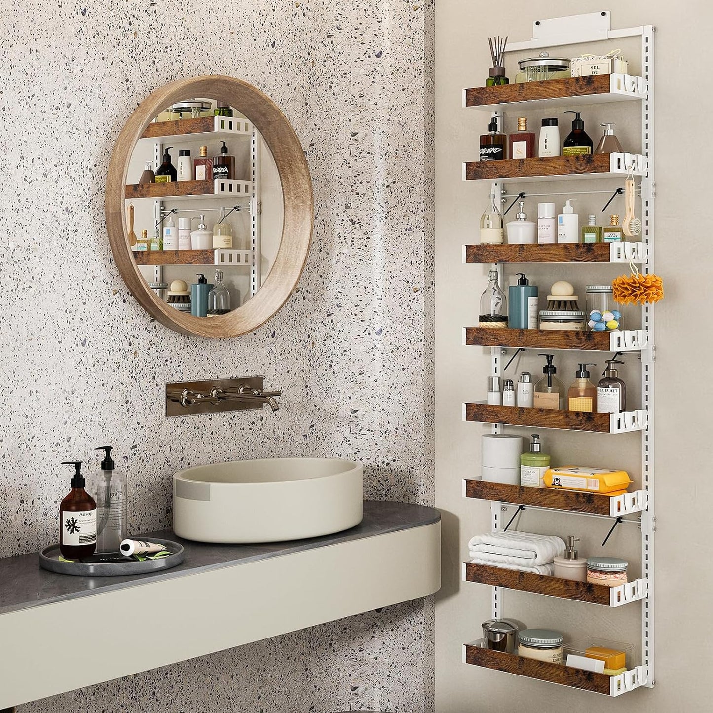 bukfen Over the Door Pantry Organizer, 8-Tier Adjustable Wooden Basket Kitchen Pantry Door Organization and Storage, 2 in 1 Wall Mount or Hanging Heavy-Duty Metal Hanging Kitchen Spice Rack,White