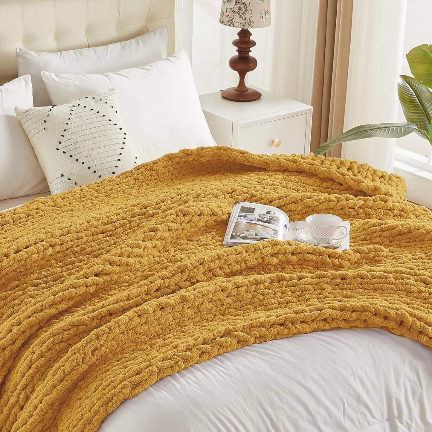 Carriediosa Chunky Knit Throw Blanket 50" X 60", 100% Hand Made Large Chenille Loop Yarn Soft Fluffy Throws for Couch Sofa Bed, Big Crochet Cozy Heavy Thick Cable Woven Blanket, Yellow