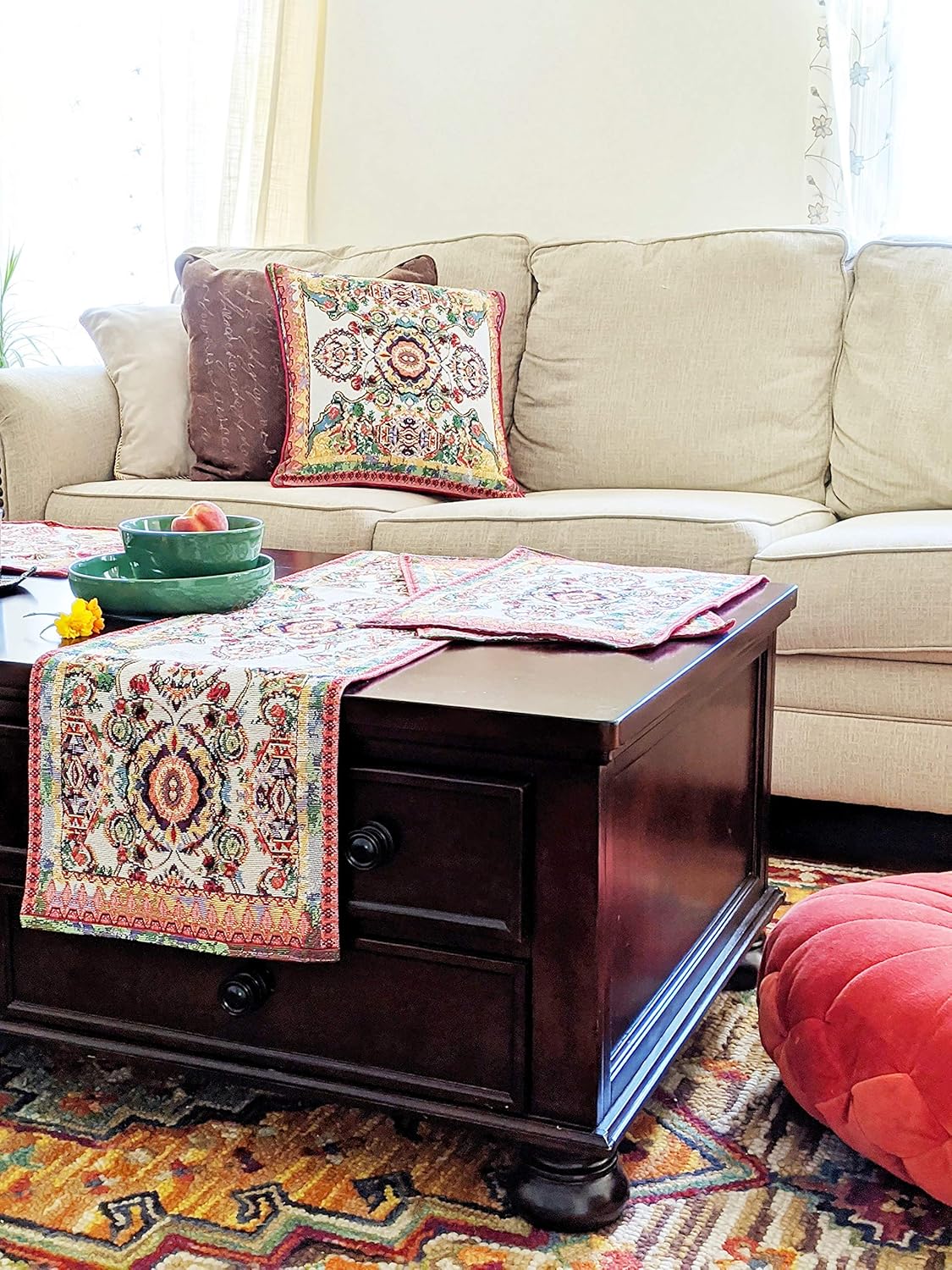 Tache Rococo Elegant Ornate Ivory Colorful Paisley Cotton Linen 18x18 Tapestry Woven Cushion Throw Pillow Cover 2 Pieces