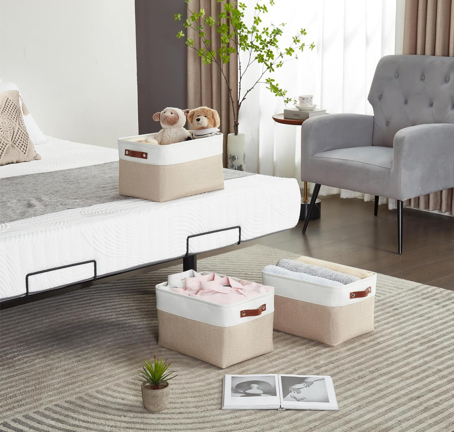 DECOMOMO Storage Bins Fabric Storage Baskets for Shelves, Linen Closet Organization Toys Nursery (Beige and White, Large - 1 Pack)