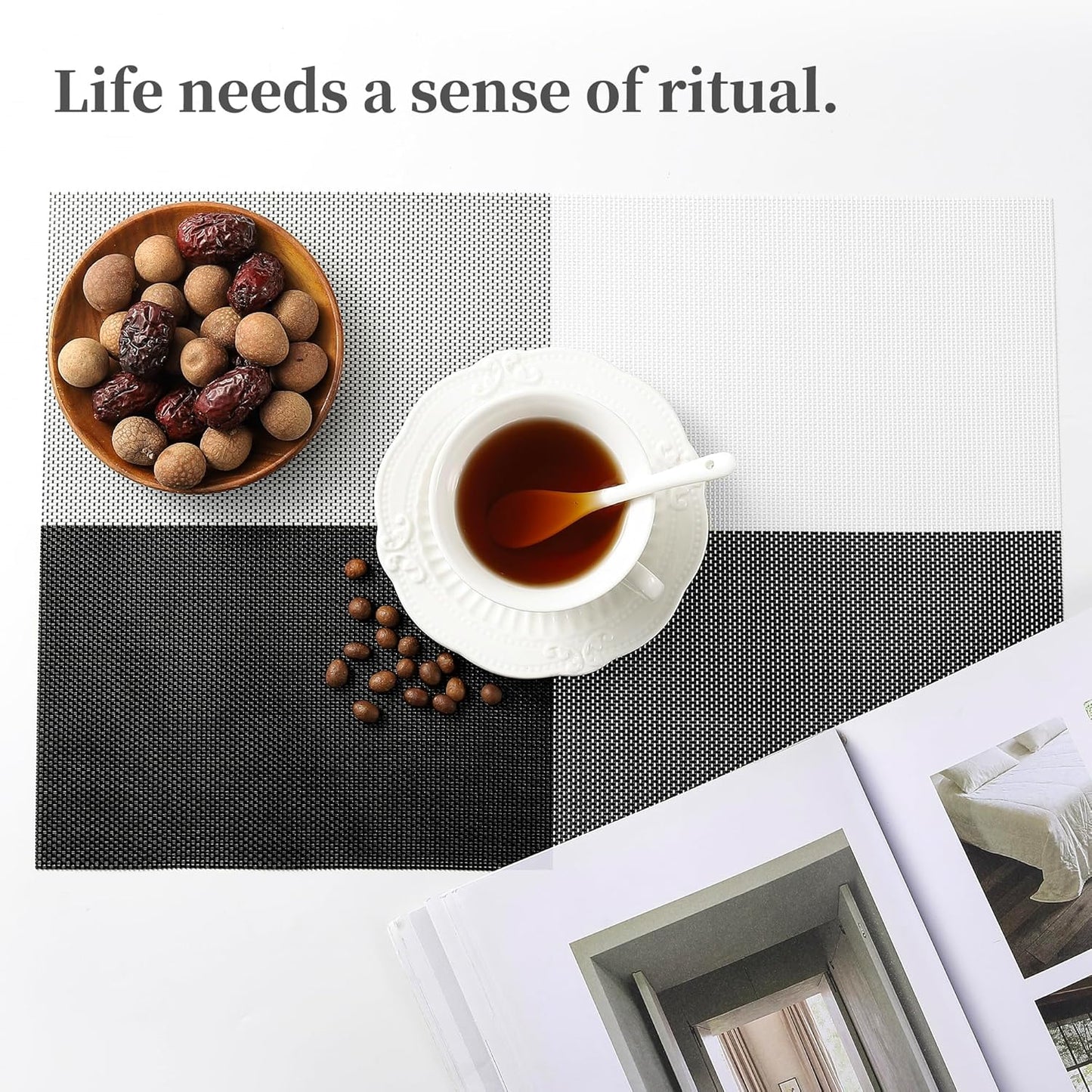 Leetaltree Gray with White Grid Pattern Placemats Set of 4 - Heat Resistant Non-Slip Place mats for Dining Table, Washable Durable PVC Vinyl Woven Table Mats(Grey Grid, 4)