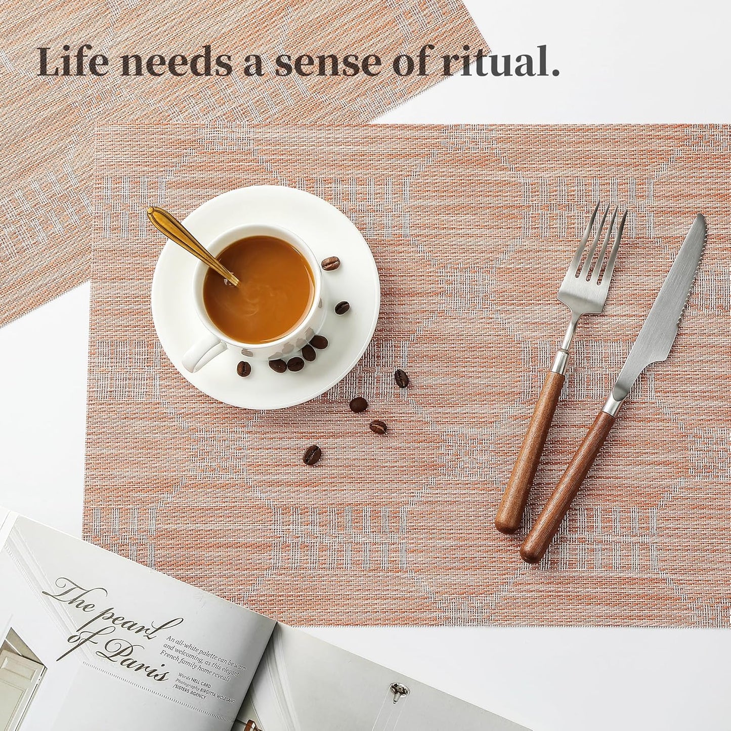 Leetaltree Coral Placemats Set of 12 - Heat Resistant Non-Slip Place mats for Dining Table, Washable Durable PVC Vinyl Woven Table Mats(Coral, 12)