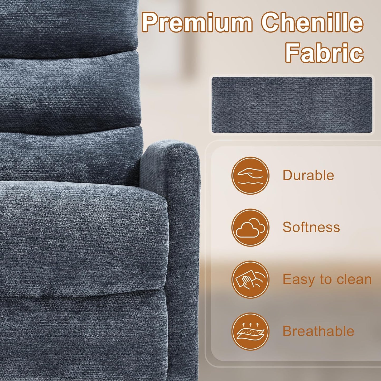 Manual Swivel Rocker Recliner Chair for Adults, Overstuffed Reclining Glider Chair for Nursing with Vibration Massage & Heat, Living Room Rocking Recliner 3-Stage backrest, Chenille Fabric Blue