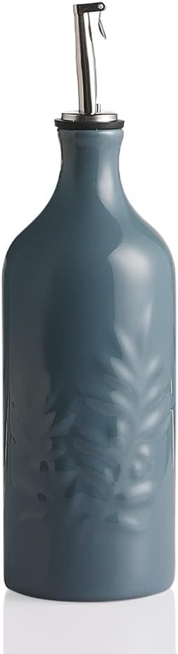 Sweejar Ceramic Olive Oil Dispenser Bottle, 20 Oz Relief Opaque Oil Cruet Protects Oil To Reduce Oxidation, Suitable for Storage Oil, Vinegar, Soy Sauce, Coffee Syrup, Liquids, Set of 1 (Fog Blue)