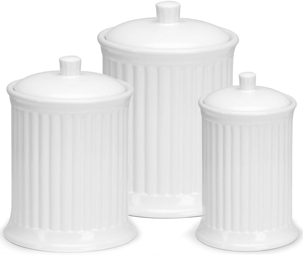 Omniware Simsbury 3-Piece Canister Set - Stoneware Kitchen Storage with Silicone-Sealed Lids, Lead-Free Glaze & Dishwasher Safe - Rustic Farmhouse-Style Flour & Sugar Containers (White)