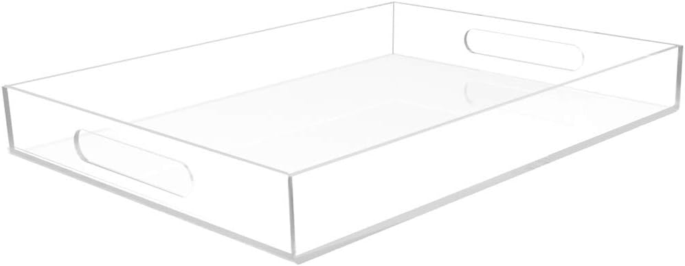 Clear Acrylic Serving Tray for Vanity, Bathroom, Outdoor, Food and Décor with Handles (Rectangle, Small)