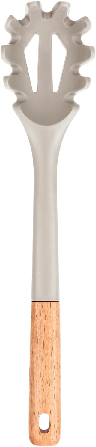 Silicone Pasta Fork, Kitchen Heat Resistant Noodle Spoon Server, BPA Free Spaghetti Strainer,12.8 inch (Khaki)