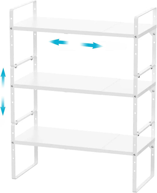 iPEGTOP Expandable Cabinet Storage Shelf Organizer Rack, Heavy Duty Cupboard Stand Spice Rack Adjustable Height Garage Pantry Shelf Space Riser for Counter Kitchen Organization, White, 3 Pack