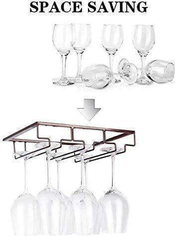 Wine Glass Rack - Under Cabinet Stemware Wine Glass Holder Glasses Storage Hanger Metal Organizer for Bar Kitchen Brown