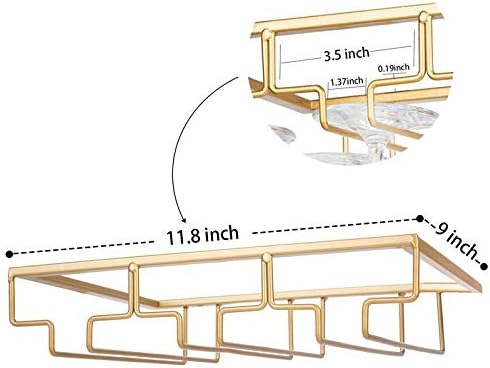 Wine Glass Rack - Under Cabinet Stemware Wine Glass Holder Glasses Storage Hanger Metal Organizer for Bar Kitchen Gold
