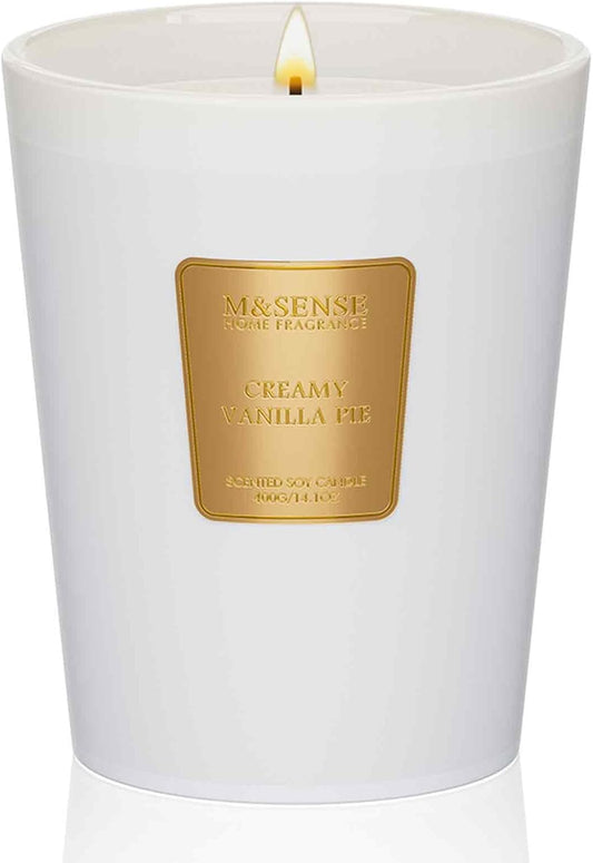 M&SENSE Creamy Vanilla Pie Scented Natural Soy Wax Candle, 14.1oz 60 Hours Long Lasting Slow Burning Candles for Home Decor, Aromatherapy Candle for Stress Relief