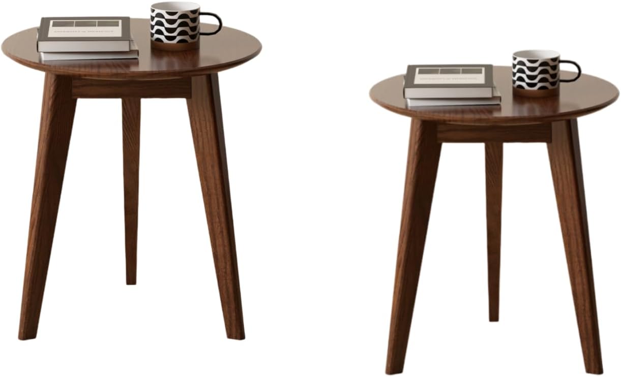 100% Solid Oak Round Side Table Set of 2, Small Bedside Table for Small Spaces, Living Room End Table with Stable Frame, Modern Nightstand for Bedroom Couch(Walnut, 17.71" D x 19.68" H)