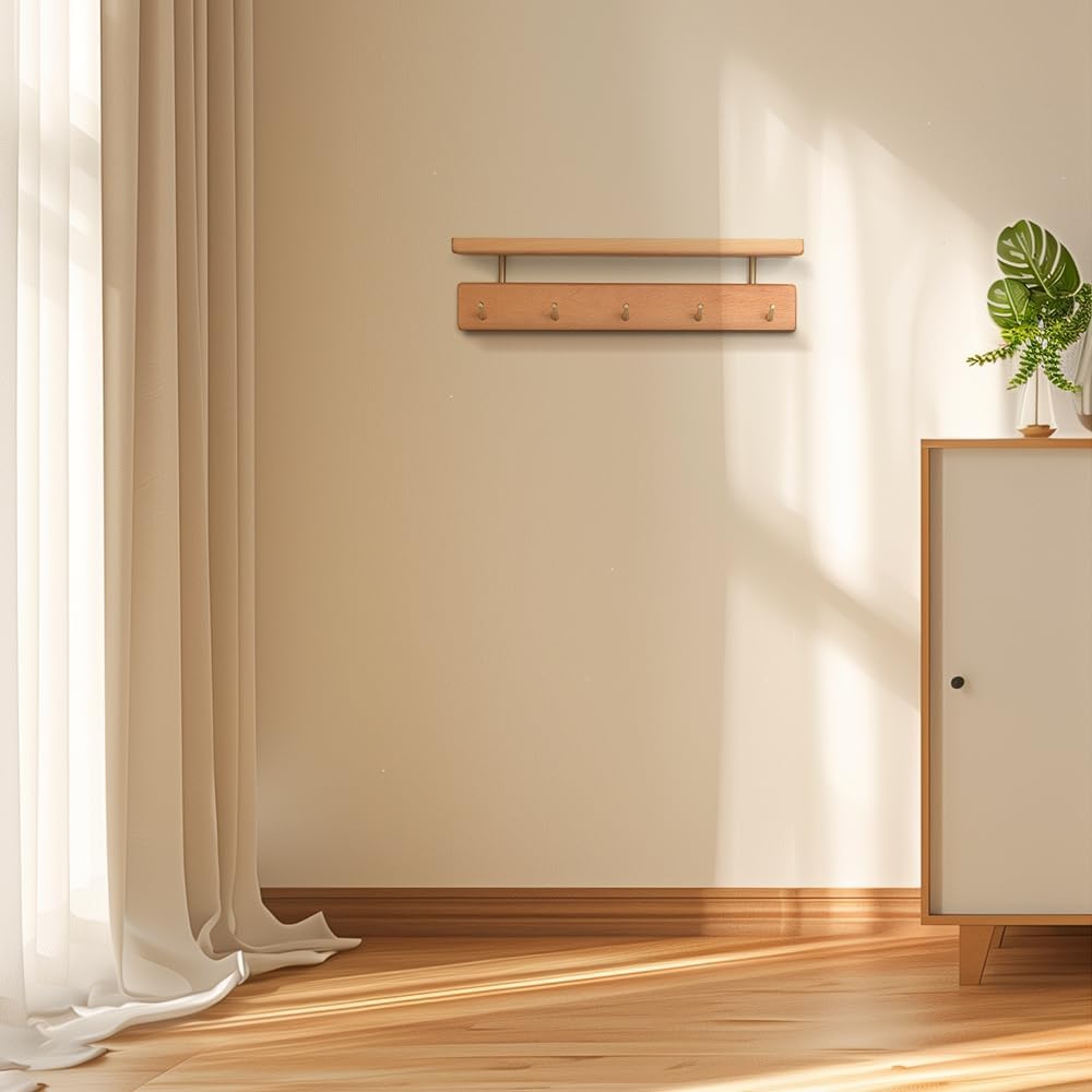 Shelf with Hooks, Solid Wood Bedroom Shelves for Wall, Wooden Coat Rack Wall Mount for Bathroom, Kitchen, Door Entryway (Beech, 38cm/14.96inch)