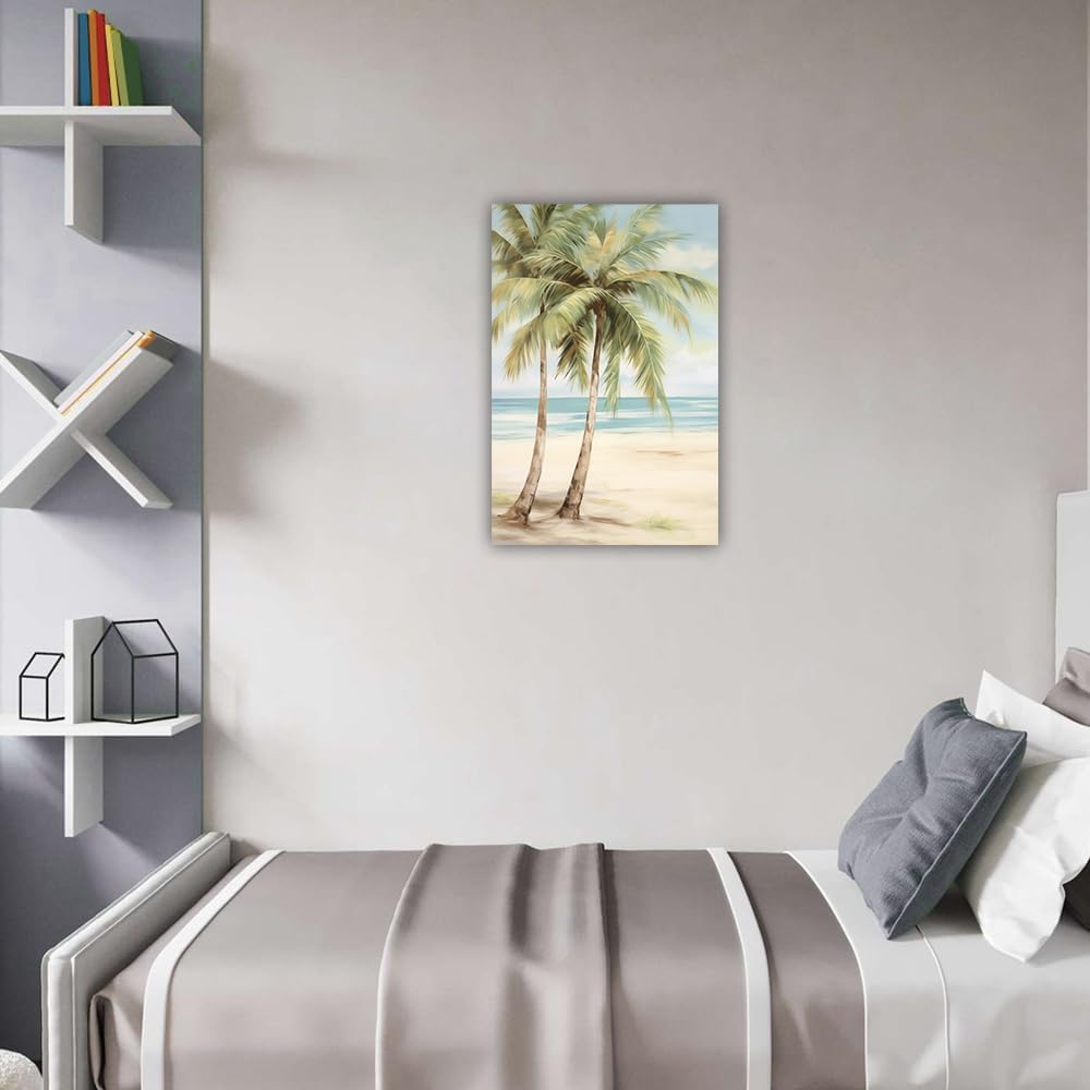 LURENCZH Tropical Beach Canvas Wall Art Seaside Palm Tree Picture Wall Decor Ocean Scenery Painting Prints for Bathroom Decor Framed(Beach-2,12.00" x 18.00")