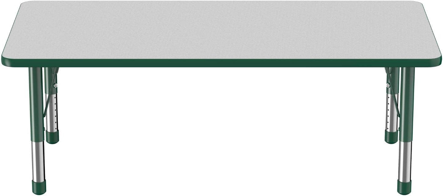 FDP Rectangle Activity School and Classroom Kids Table (30 x 60 inch), Toddler Legs, Adjustable Height 15-24 inches - Gray Top and Green Edge