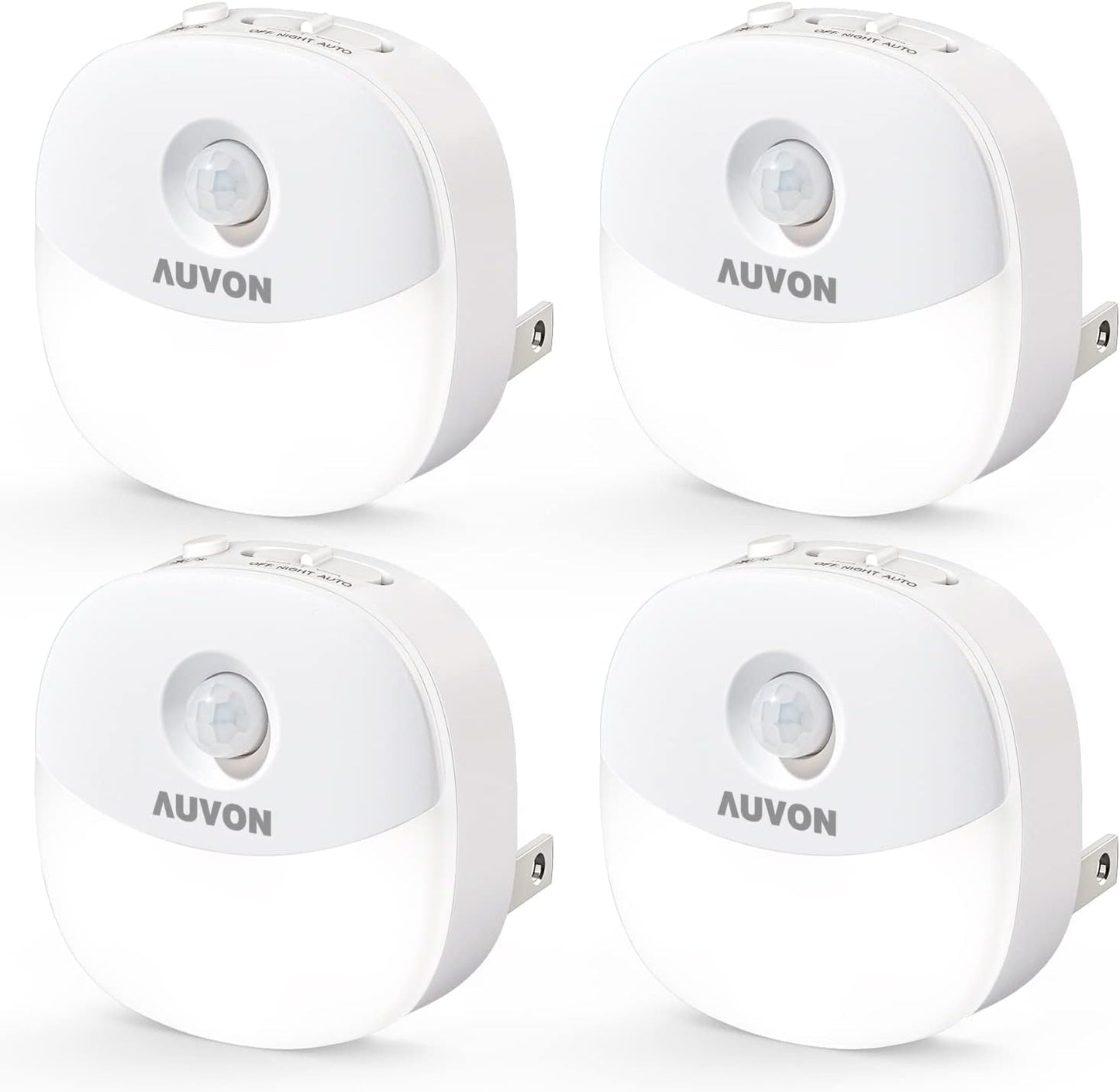 AUVON Plug in Night Light with Motion Sensor and Dusk to Dawn Sensor, Mini Cool White LED Nightlight with 1-50 lm Adjustable Brightness for Bathroom, Hallway, Stairs, Bedroom, Kitchen, 4 Packs