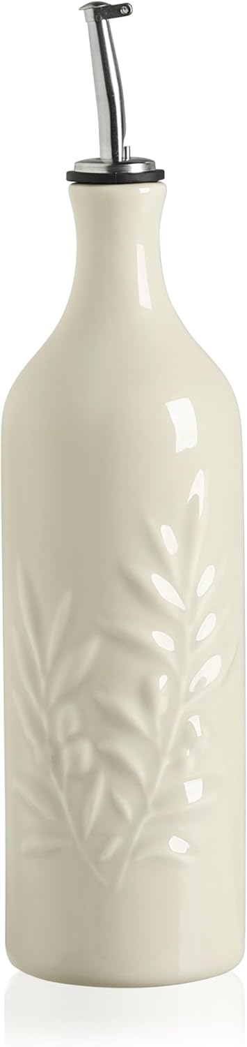 Sweejar Large Ceramic Olive Oil Dispenser Bottle, 24 Oz Relief Opaque Oil Cruet Protects Oil To Reduce Oxidation, Storage Vinegar, Soy Sauce, Coffee Syrup, Liquids, Set of 1 (Beige)
